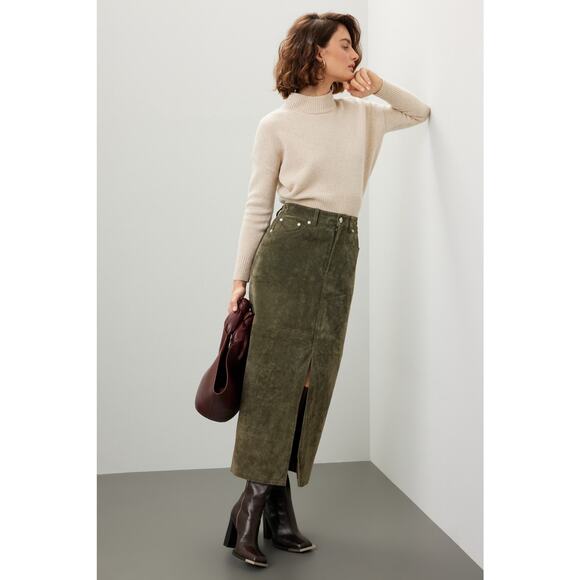 BlankNYC Hunter Green Retro Suede Leather Front Slit Pencil Midi Skirt Size 29 - Picture 4 of 15